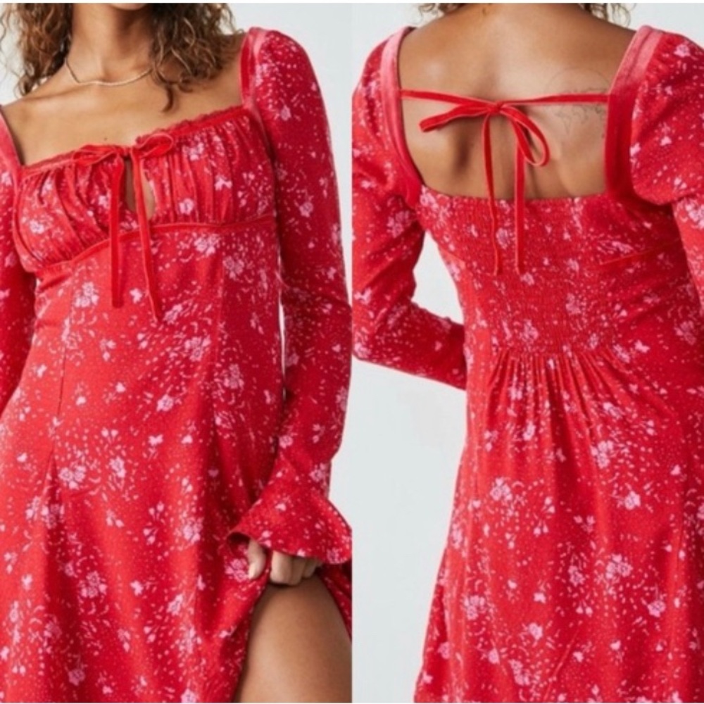 Free People Red Tess Floral Long Sleeve Dress